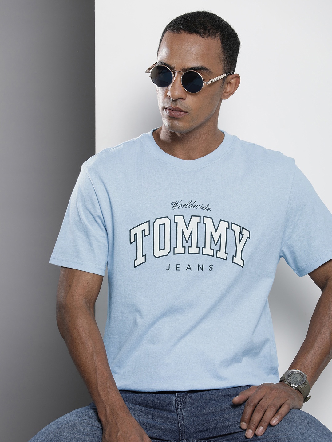 

Tommy Hilfiger Brand Logo Printed Drop-Shoulder Sleeves Pure Cotton T-shirt, Blue