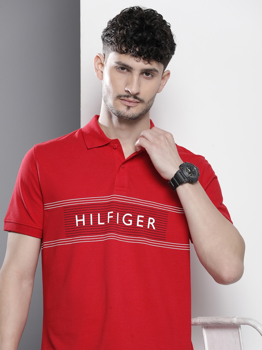 

Tommy Hilfiger Brand Logo Printed Polo Collar Pure Cotton T-shirt, Red