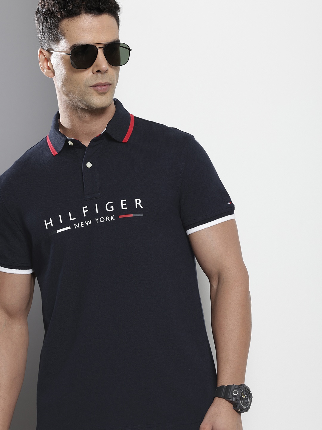 

Tommy Hilfiger Brand Logo Printed Polo Collar Slim Fit T-shirt, Navy blue