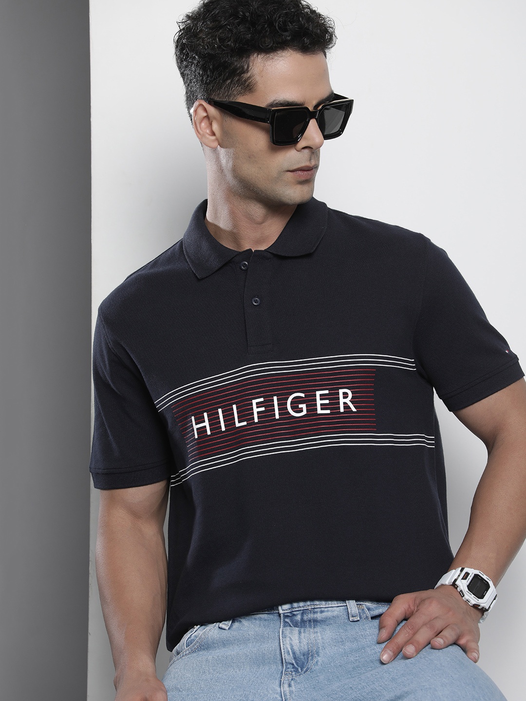 

Tommy Hilfiger Brand Logo Printed Polo Collar Pure Cotton T-shirt, Navy blue