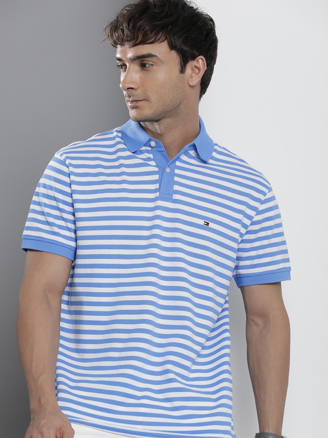 

Tommy Hilfiger Men Horizontal Stripes Polo Collar Knitted Classic Fit T-shirt, Blue