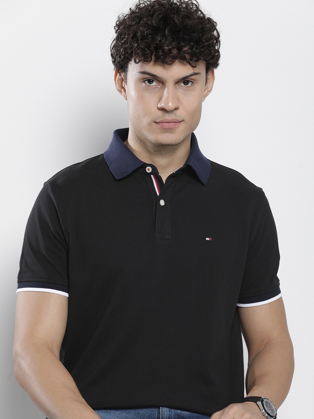 

Tommy Hilfiger Solid Polo Collar Pure Cotton T-shirt, Black