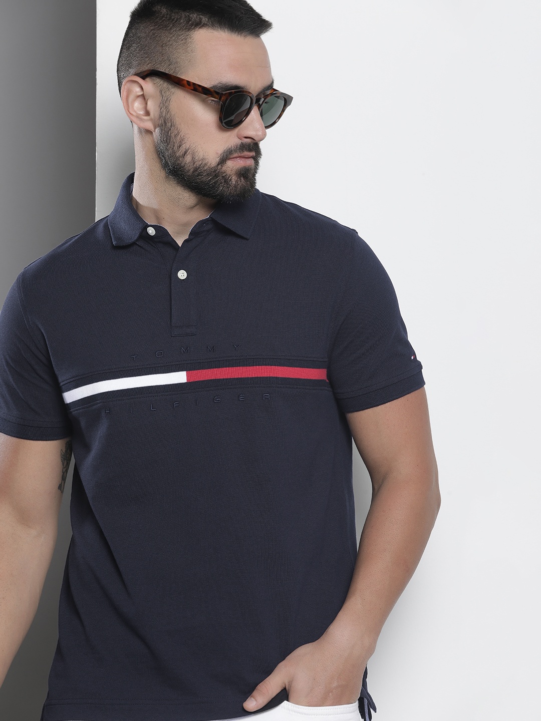

Tommy Hilfiger Striped & Embroidered Pure Cotton Polo Collar T-shirt, Navy blue