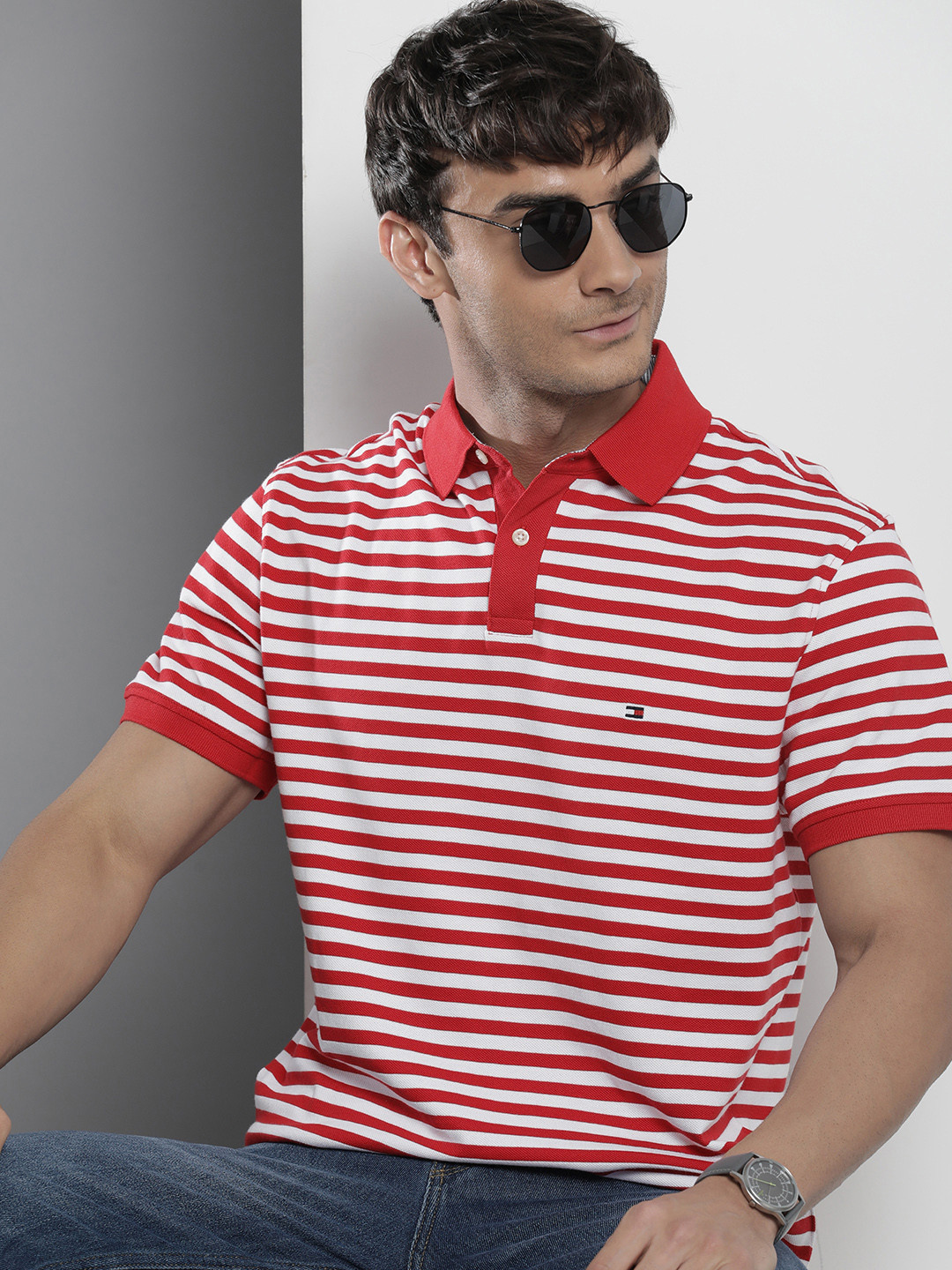 

Tommy Hilfiger Striped Polo Collar T-shirt, Red