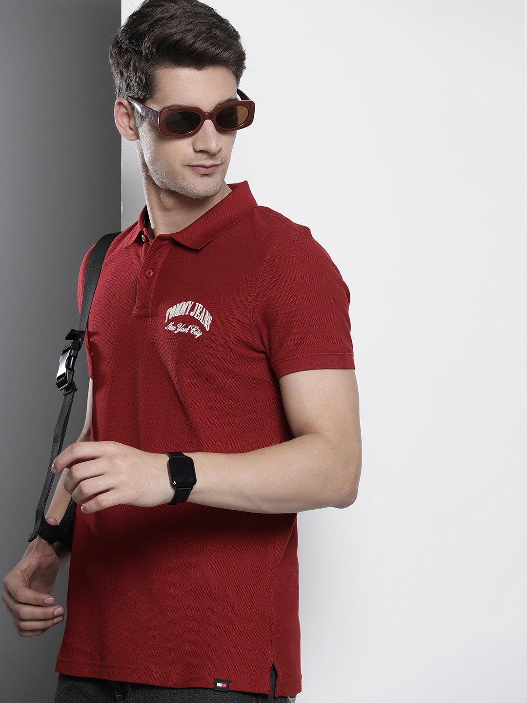 

Tommy Hilfiger Brand Logo Embroidered Polo Collar Pure Cotton T-shirt, Maroon