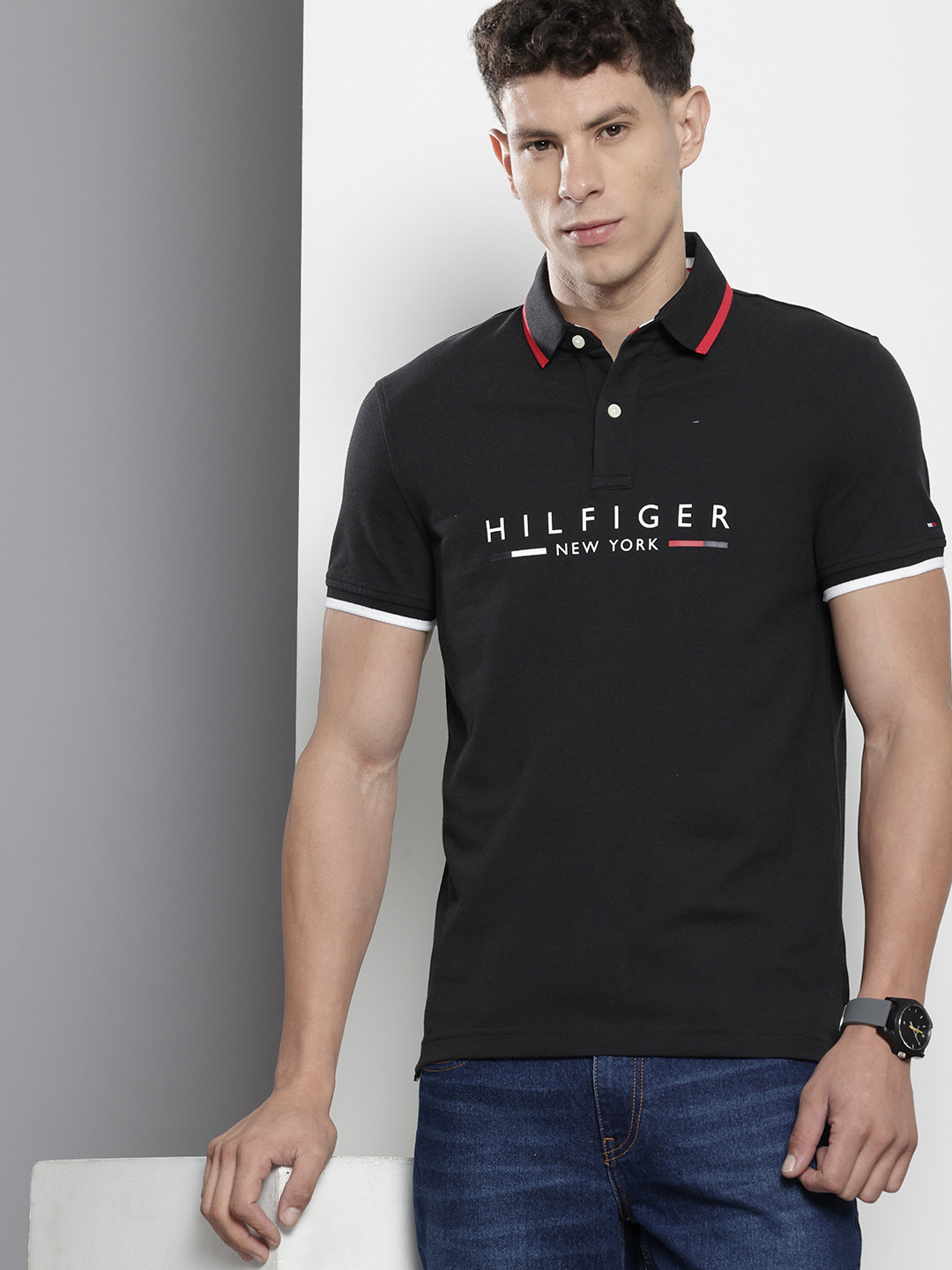

Tommy Hilfiger Brand Logo Printed Polo Collar Slim Fit T-shirt, Black