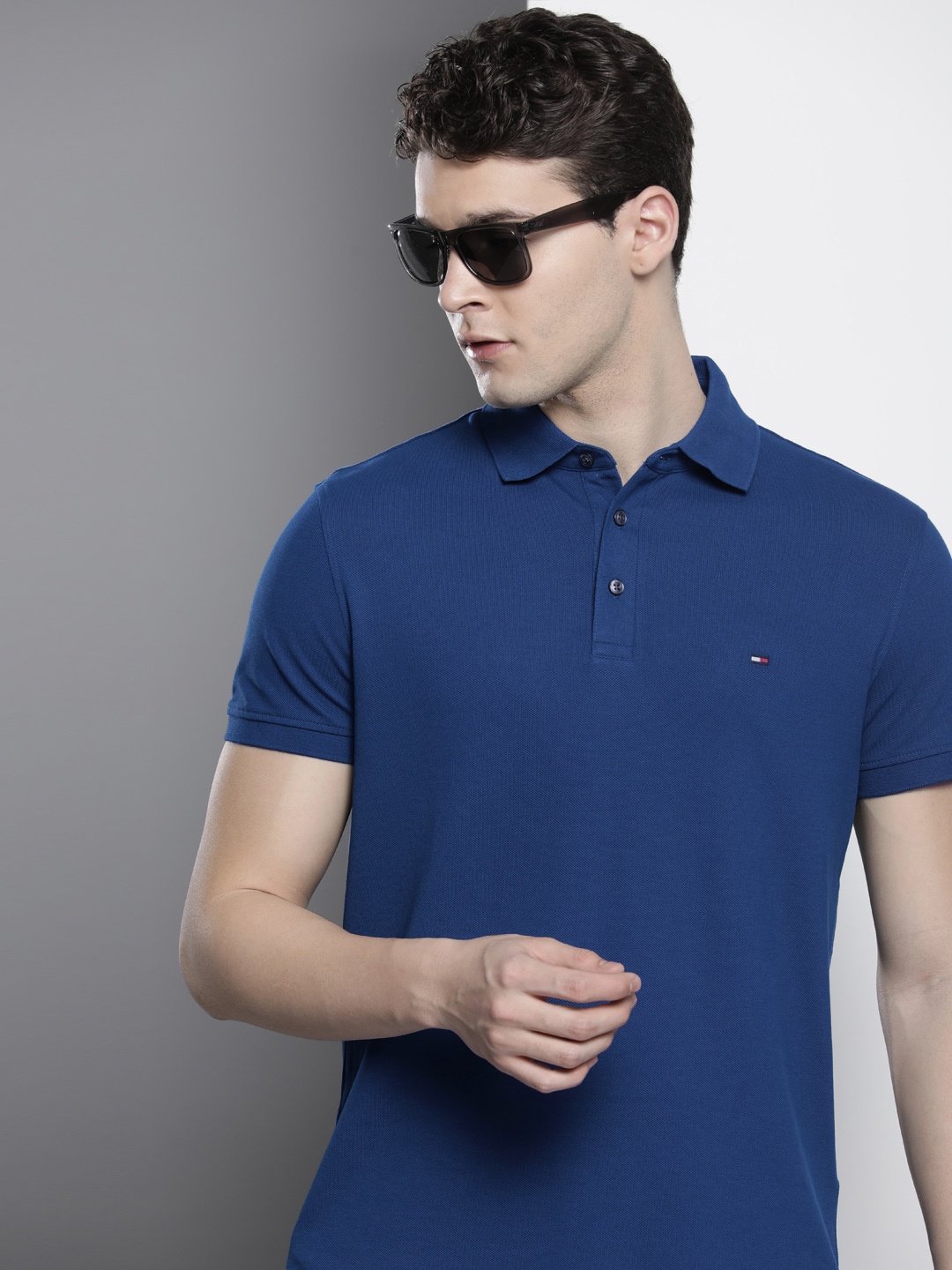 

Tommy Hilfiger Men Polo Collar Pure Cotton Slim Fit T-shirt, Navy blue