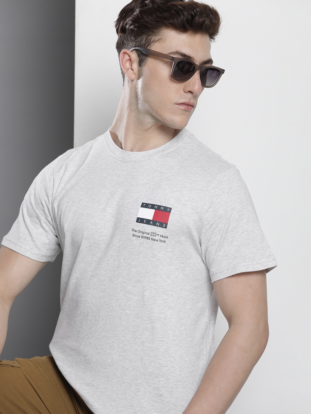 

Tommy Hilfiger Brand Logo Printed Pure Cotton Slim Fit T-shirt, Grey melange