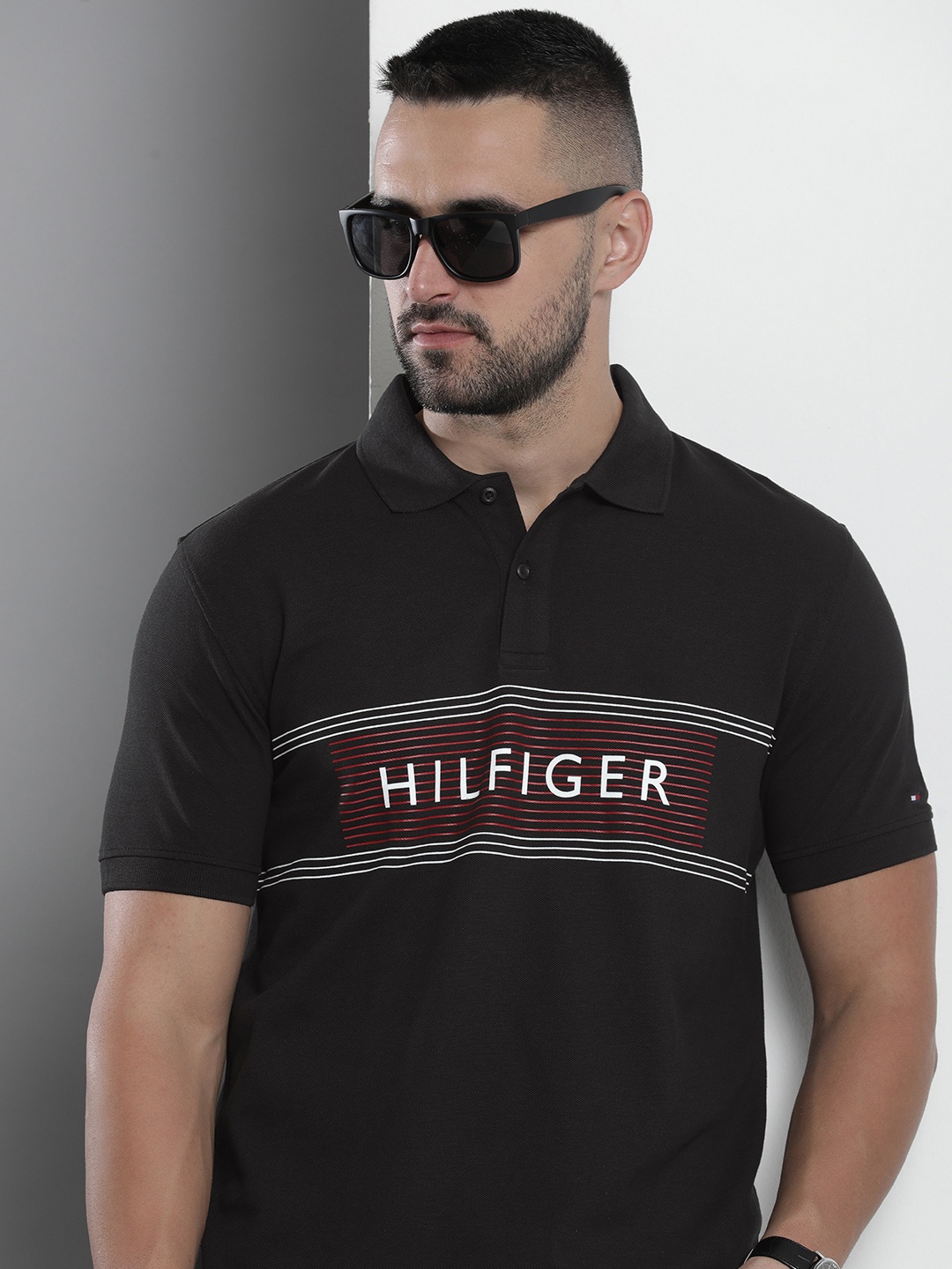 

Tommy Hilfiger Pure Cotton Brand Logo Printed Polo Collar T-shirt, Black