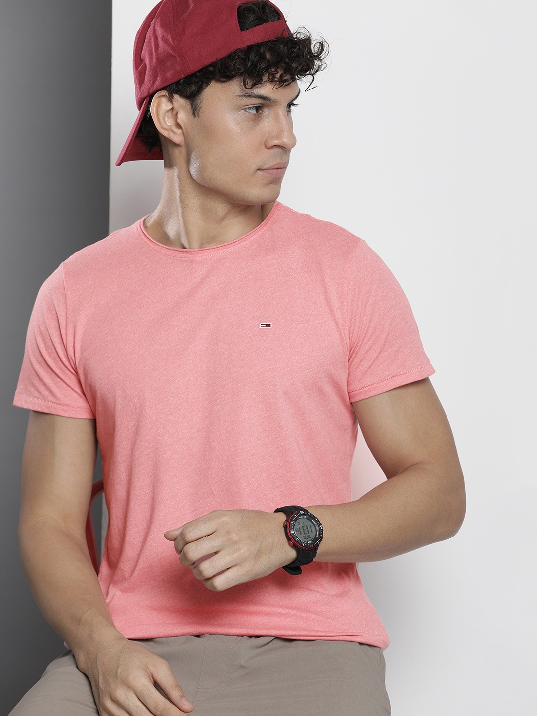 

Tommy Hilfiger Men Solid Raw Edge Slim Fit T-shirt, Pink