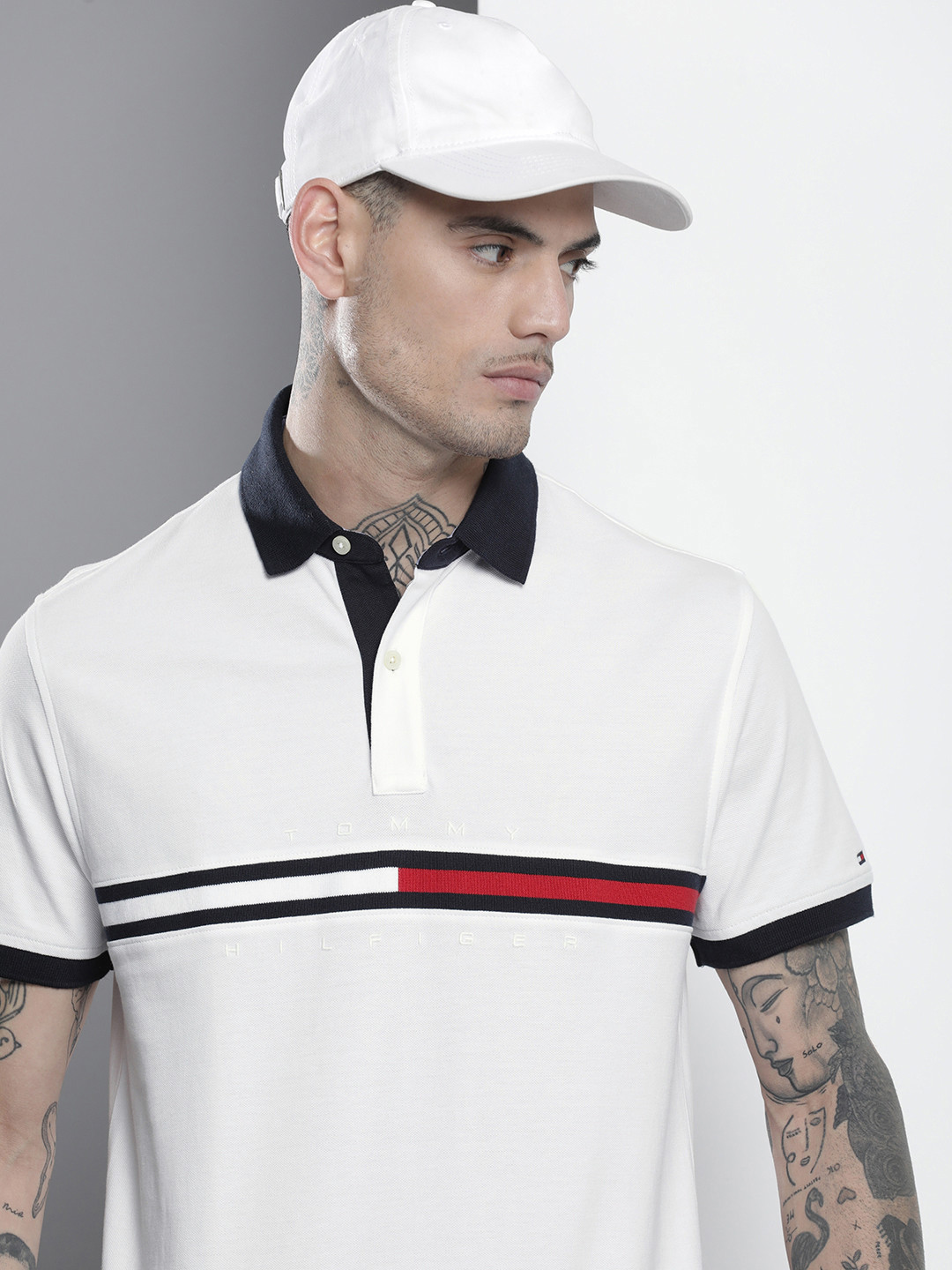 

Tommy Hilfiger Brand Logo Striped Polo Collar Pure Cotton T-shirt, White