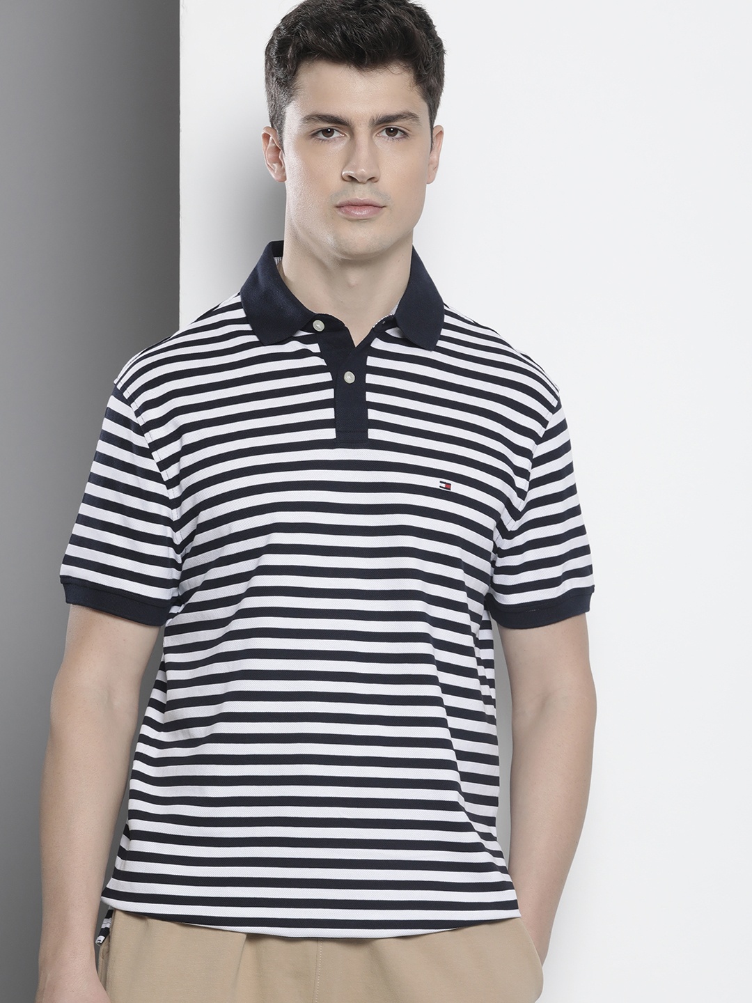 

Tommy Hilfiger Men Striped Polo Collar Pure Cotton T-shirt, Navy blue