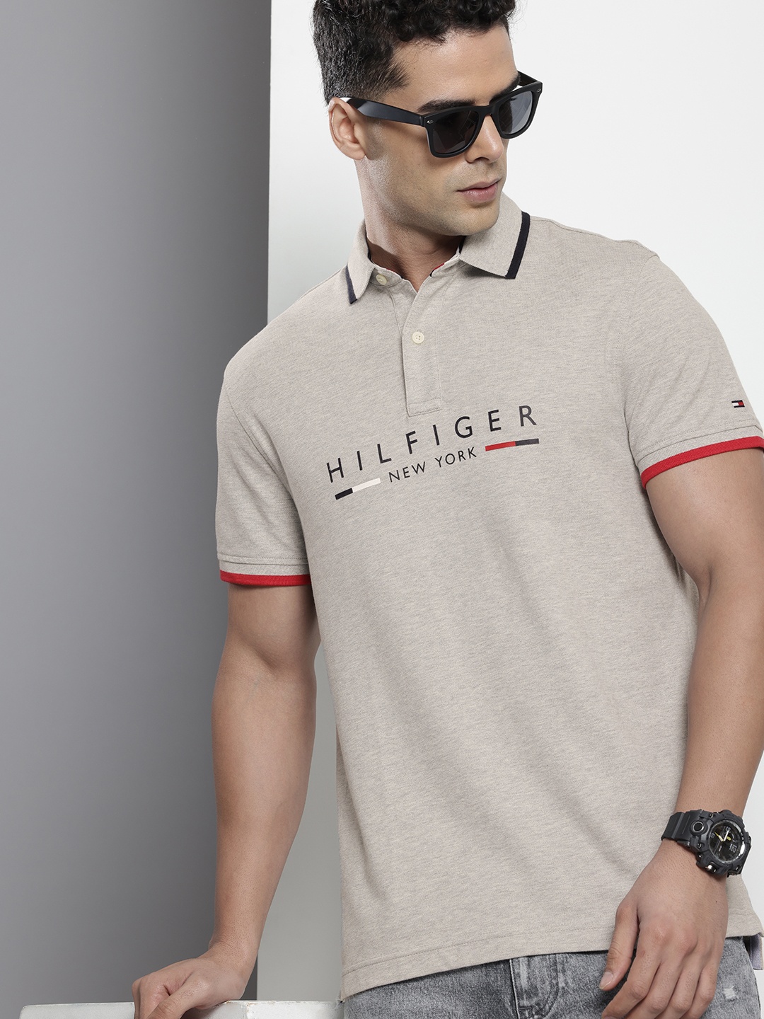 

Tommy Hilfiger Brand Logo Printed Polo Collar Slim Fit T-shirt, Grey