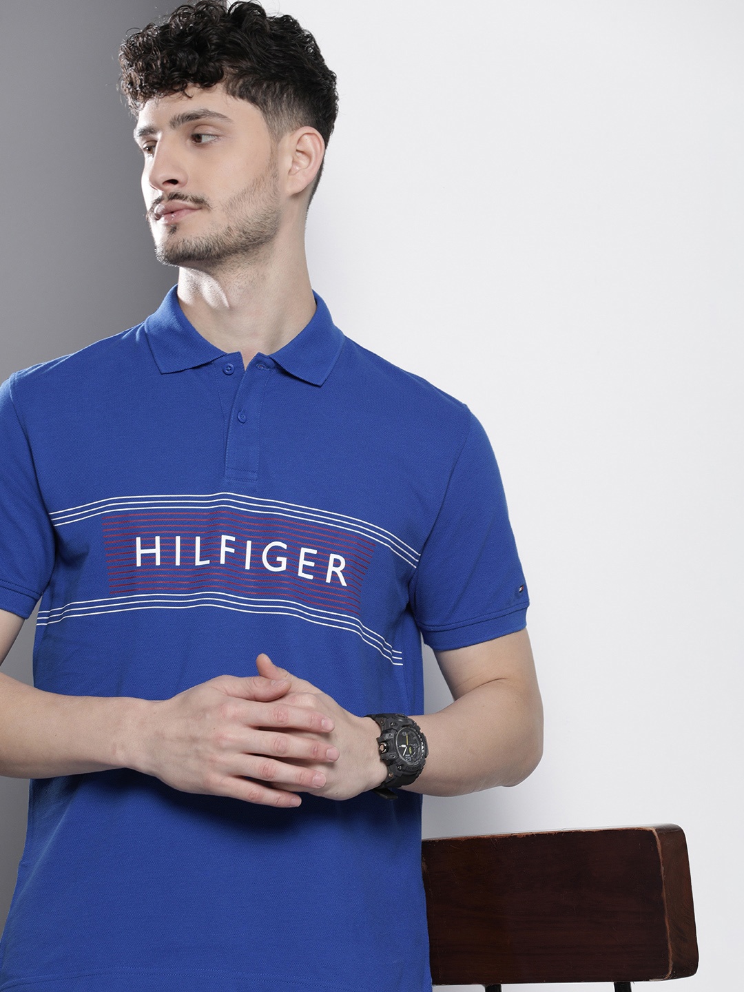 

Tommy Hilfiger Brand Logo Printed Polo Collar Pure Cotton T-shirt, Blue