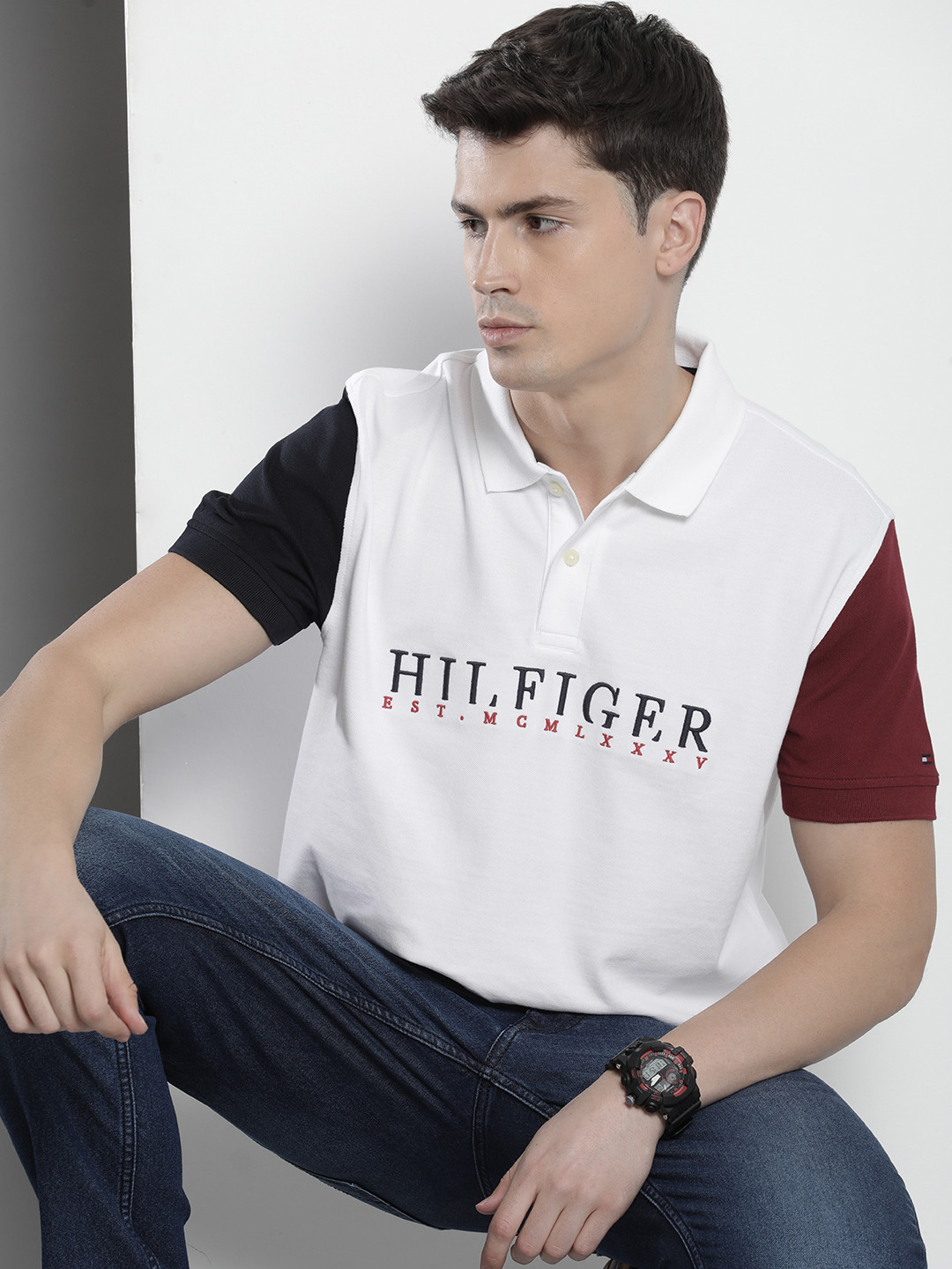 

Tommy Hilfiger Pure Cotton Brand Logo Embroidered Polo Collar Casual T-shirt, White