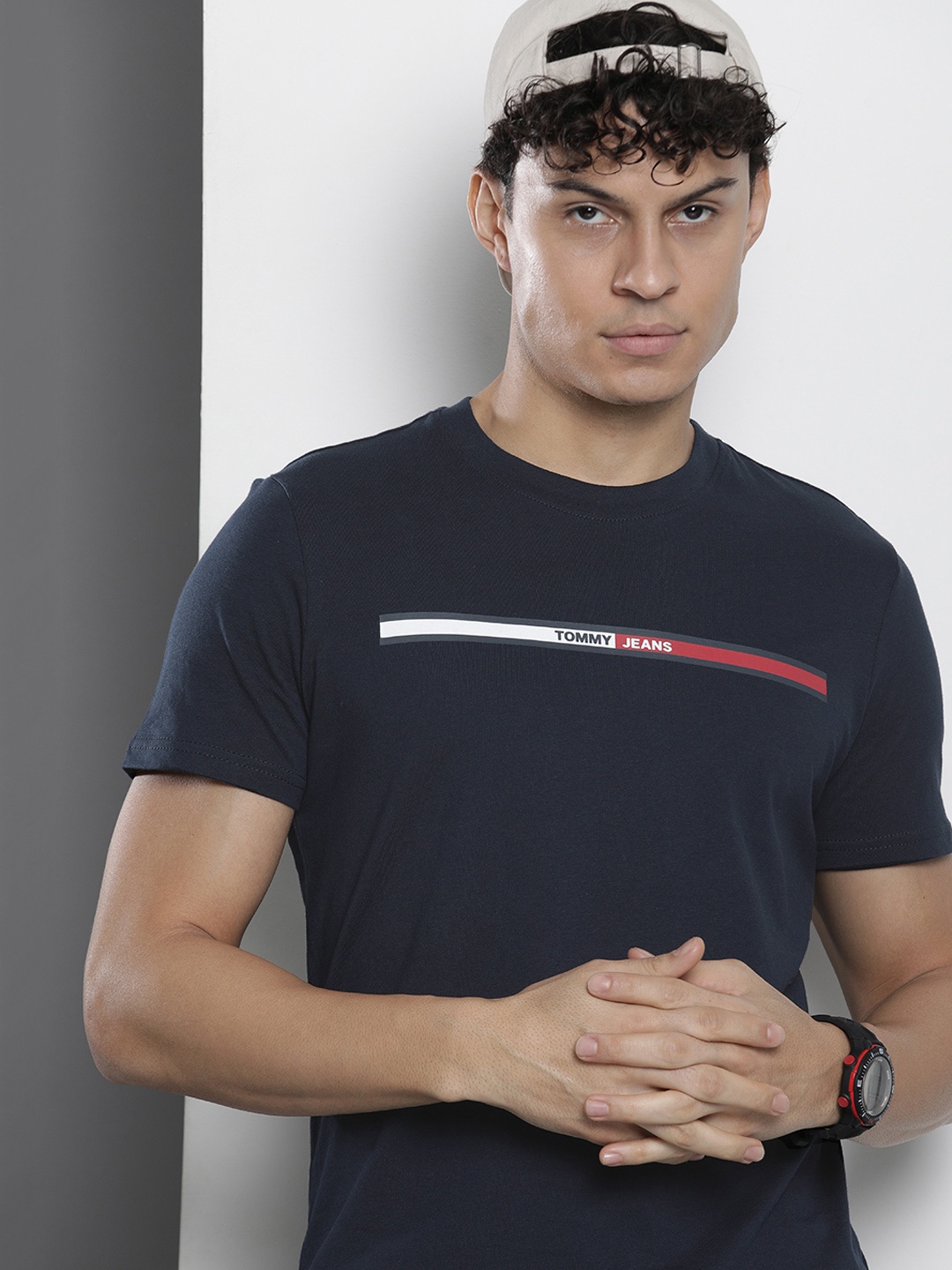 

Tommy Hilfiger Men Brand Logo Printed Pure Cotton T-shirt, Navy blue