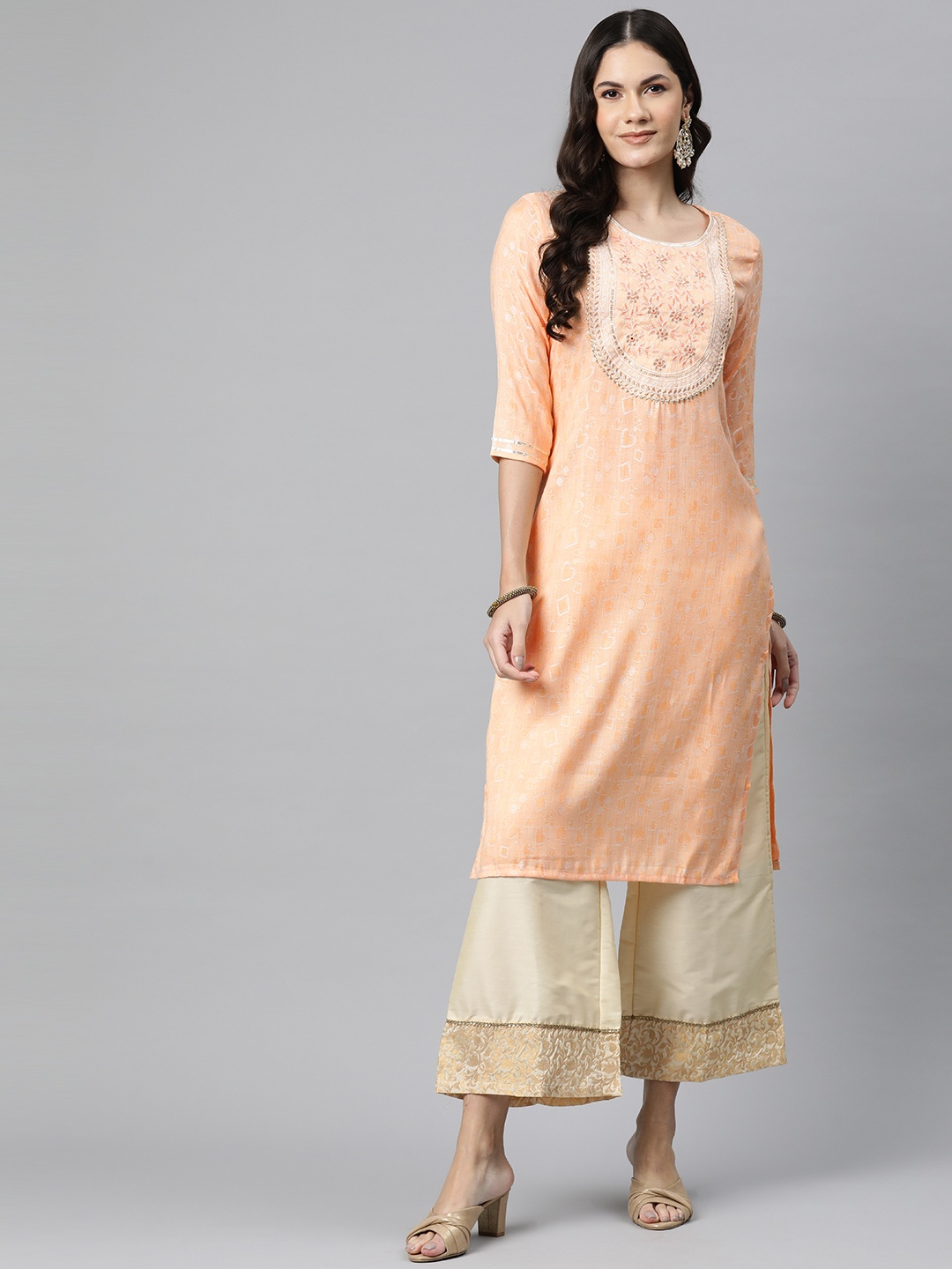 Readiprint Floral Embroidered Gotta Patti Jacquard Kurta, Peach