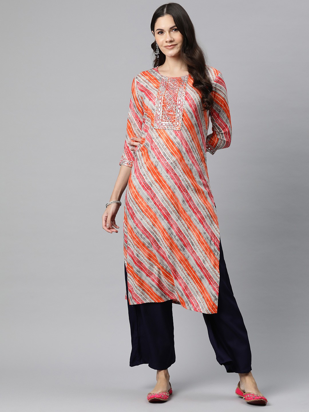 

Readiprint Leheriya Printed Thread Work Kurta, Orange