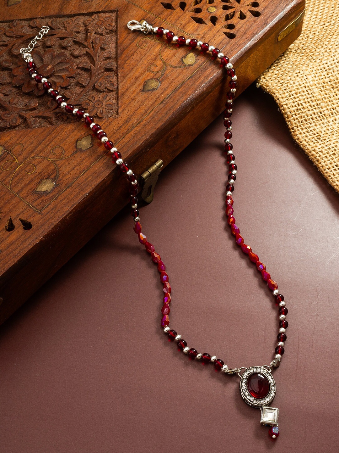 

aadita Silver Stones Studded & Beaded Matinee Necklace