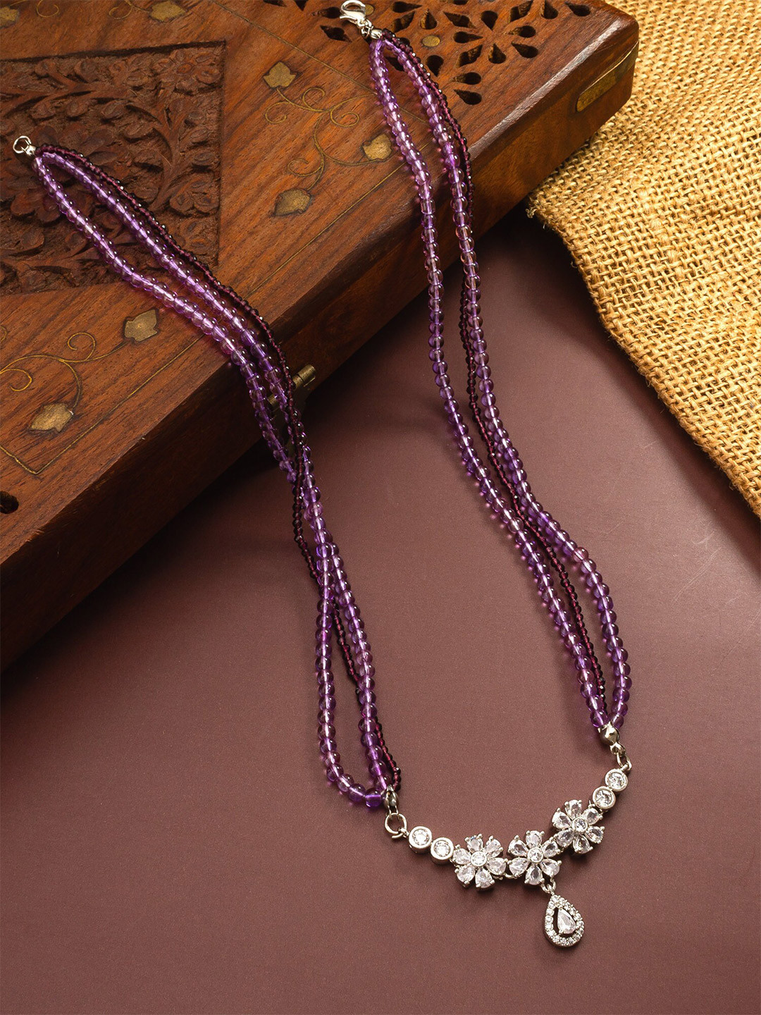 

aadita Silver Stones Studded & Beaded Matinee Necklace