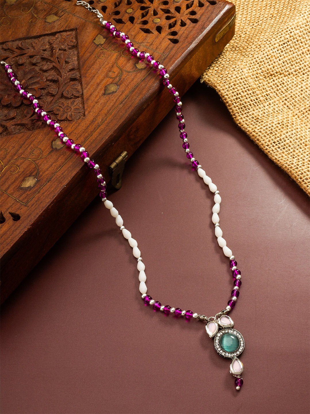 

aadita Silver Stones Studded & Beaded Matinee Necklace