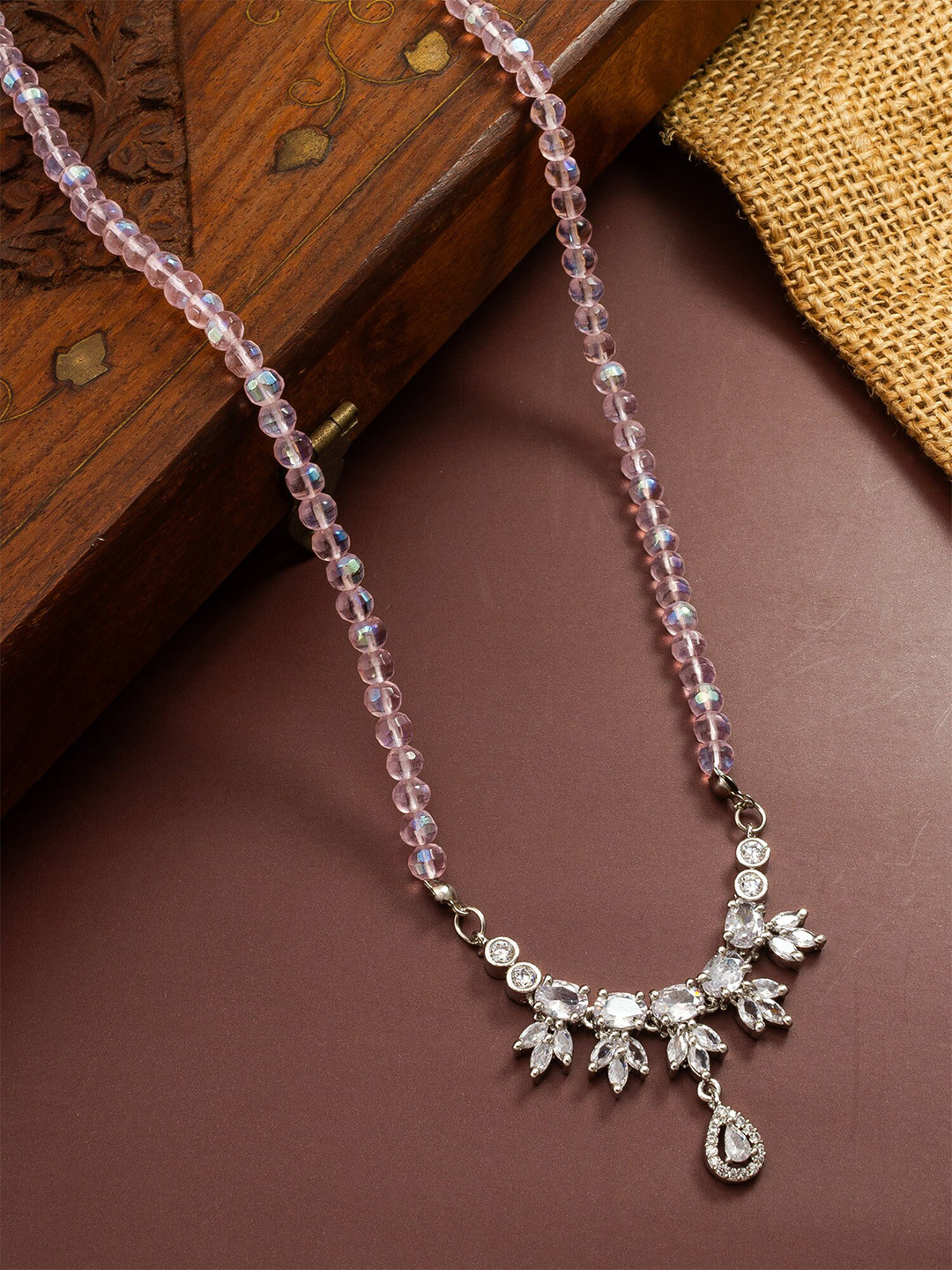 

aadita Silver Stones Studded & Beaded Matinee Necklace