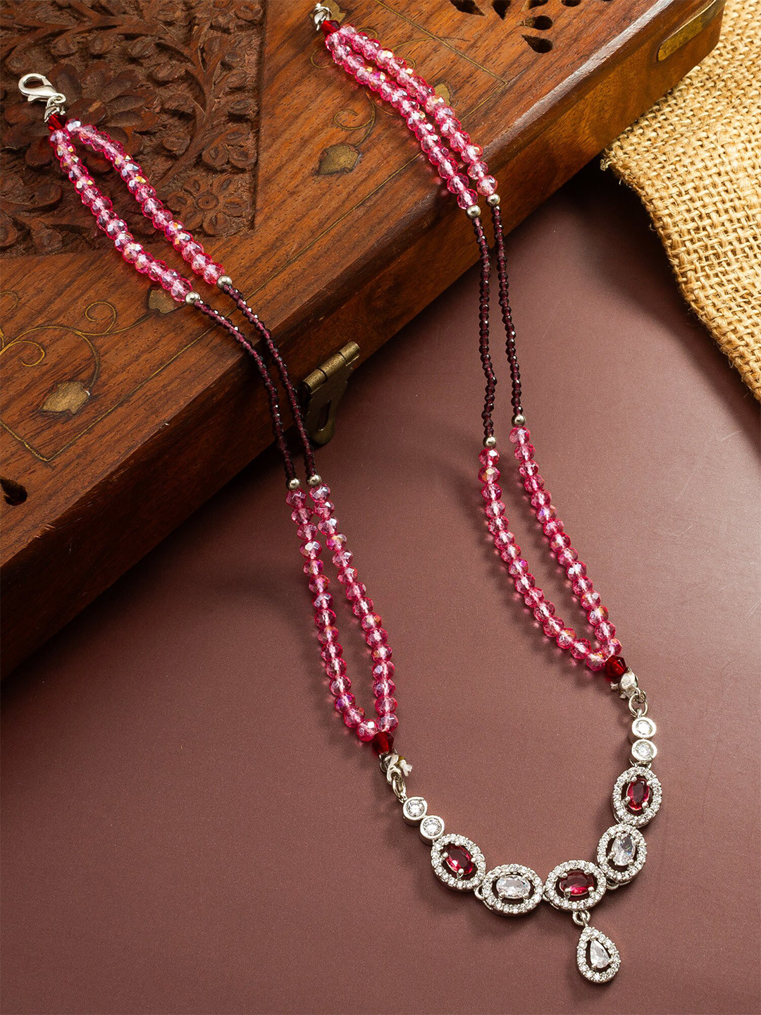 

aadita Silver Stones Studded & Beaded Matinee Necklace