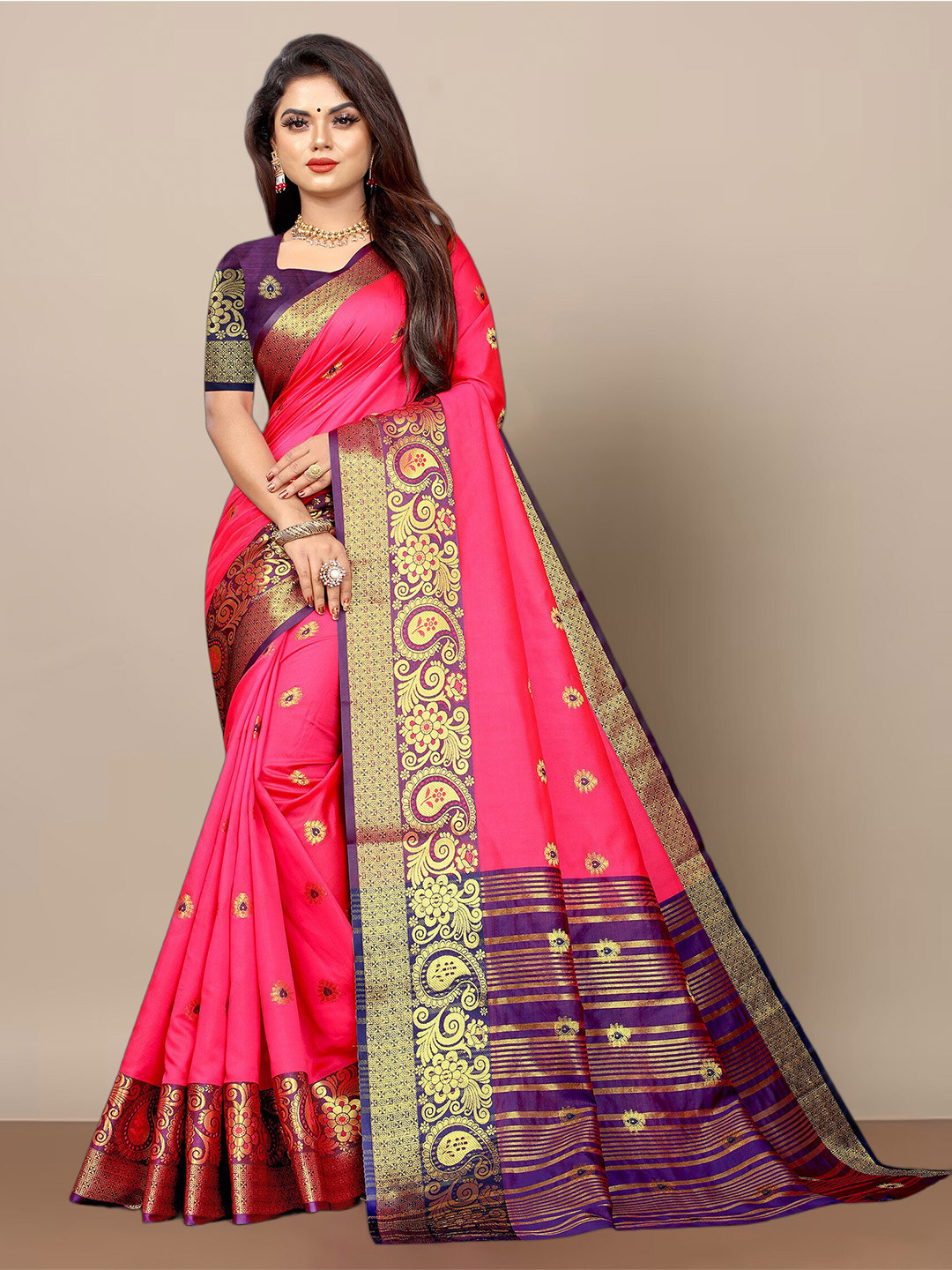 

KALINI Ethnic Motifs Woven Designed Zari Banarasi Saree, Pink