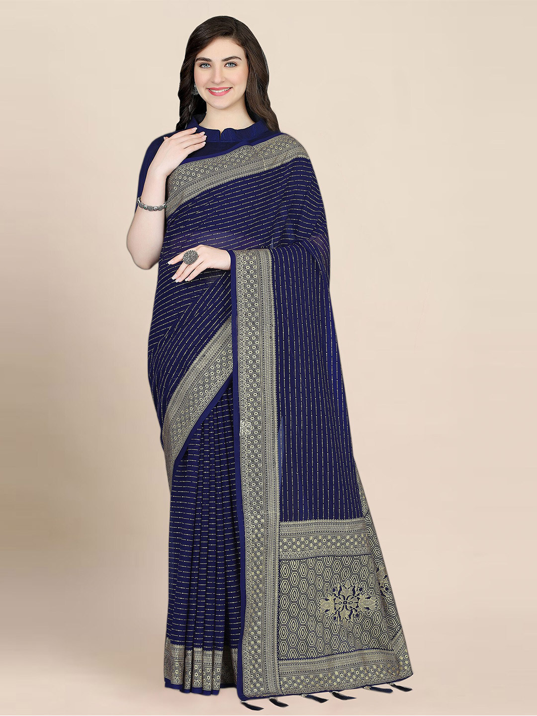 

KALINI Striped Woven Designed Khadi Saree, Blue