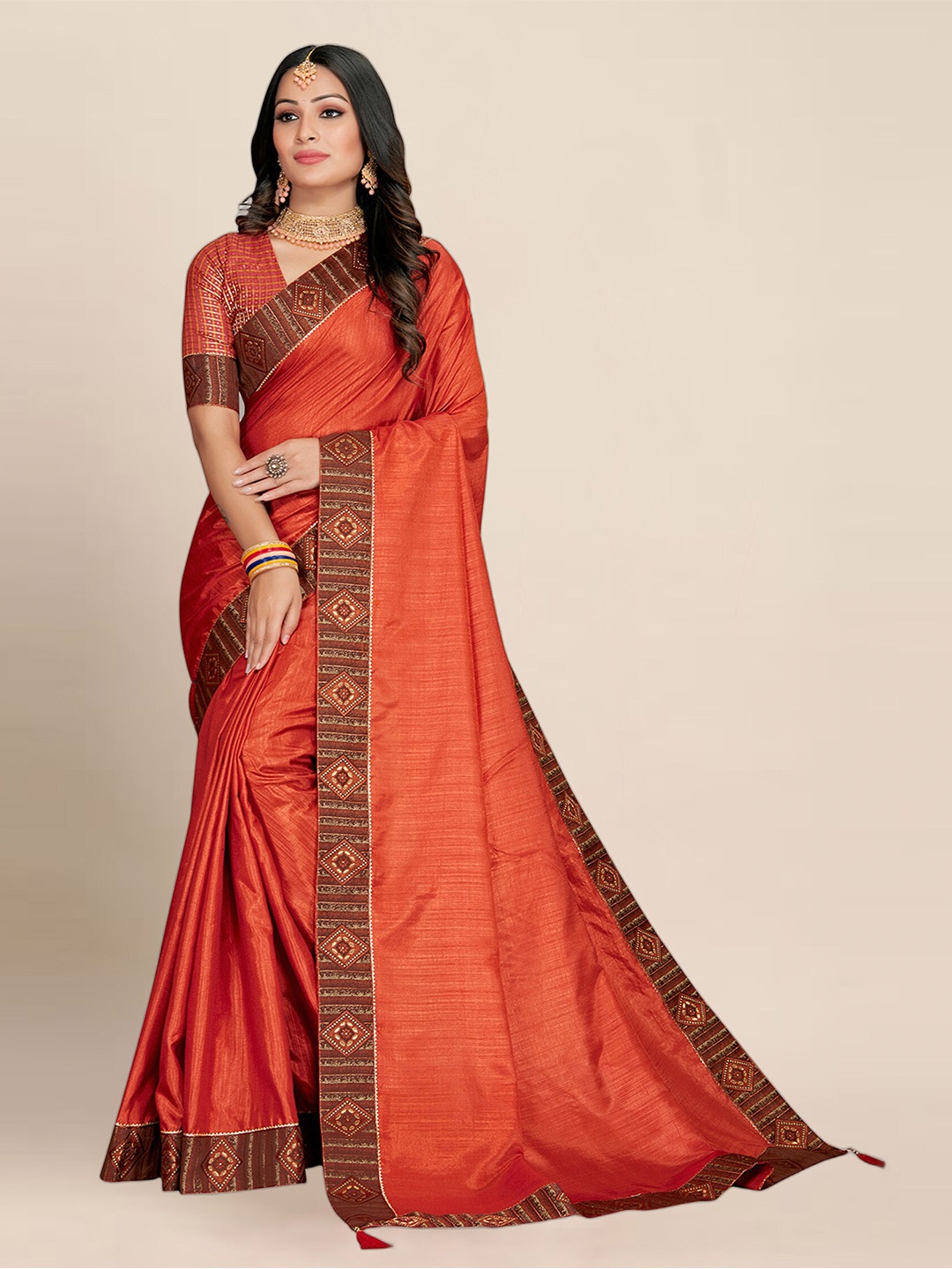 

KALINI Embroidered Border Saree, Orange