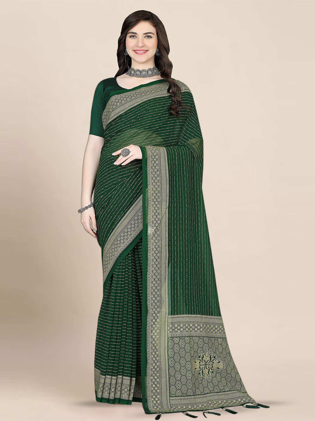 

KALINI Striped Zari Khadi Saree, Green