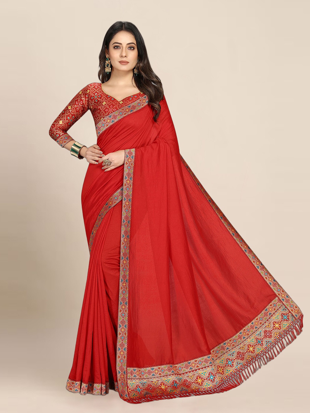 

KALINI Poly Georgette Khadi Saree, Red