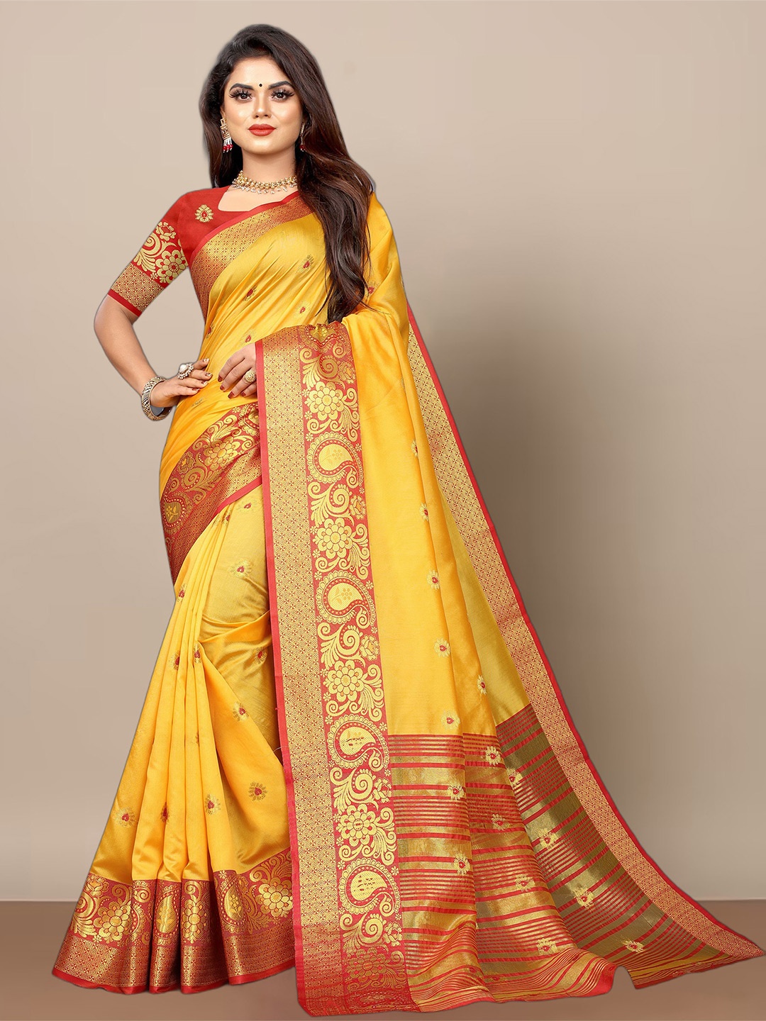 

KALINI Silk Blend Kanjeevaram Saree, Yellow