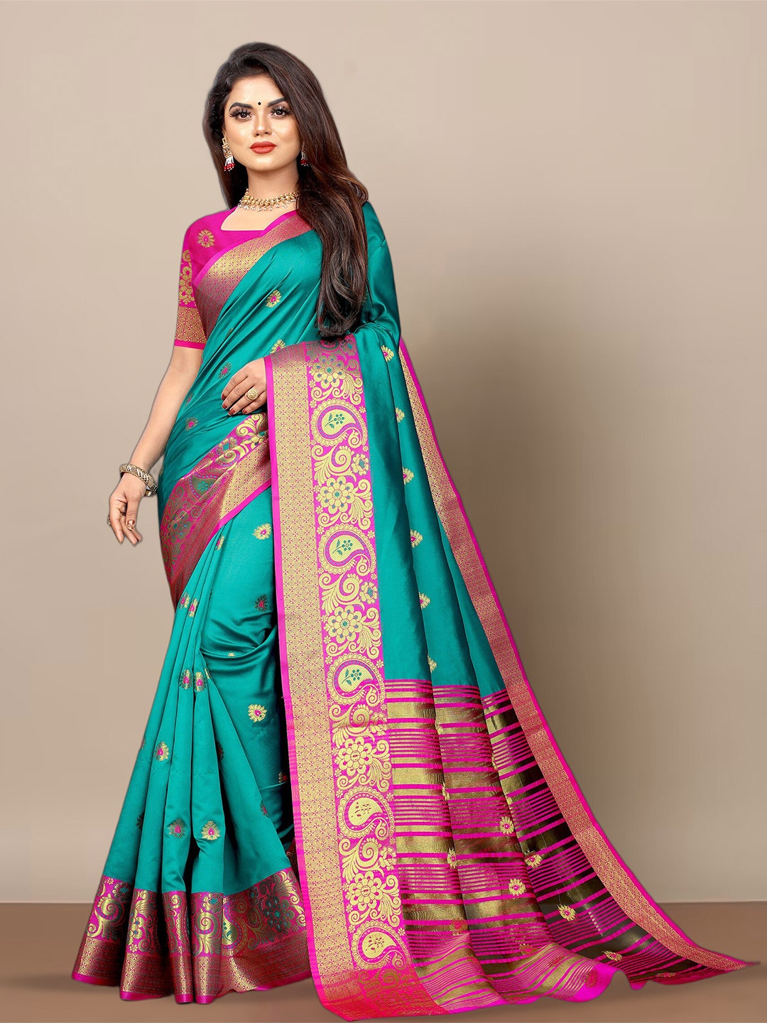 

KALINI Ethnic Motifs Woven Design Zari Banarasi Saree, Teal
