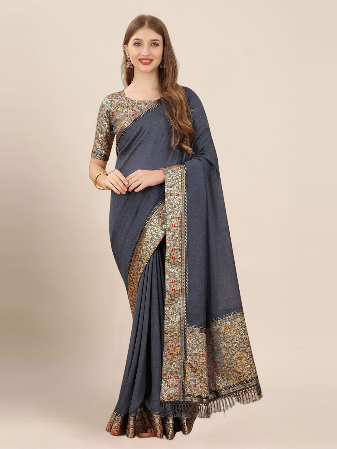 

KALINI Zari Woven Design Border Saree, Grey