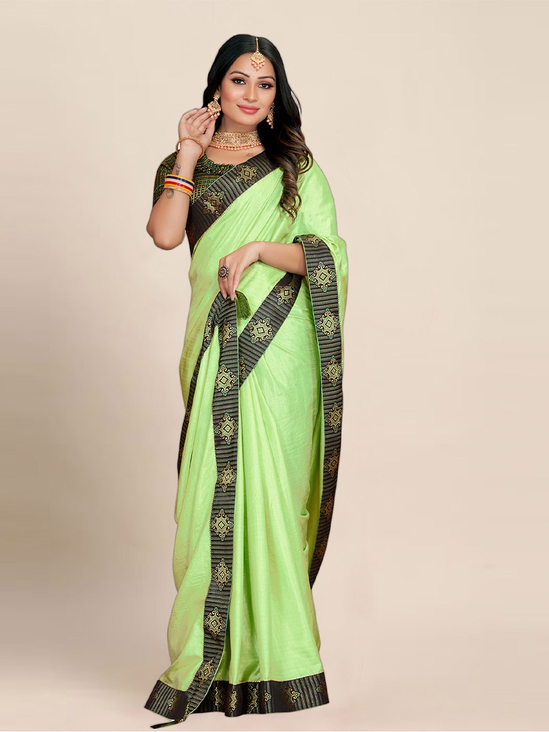 

KALINI Zari Woven Design Border Saree, Green