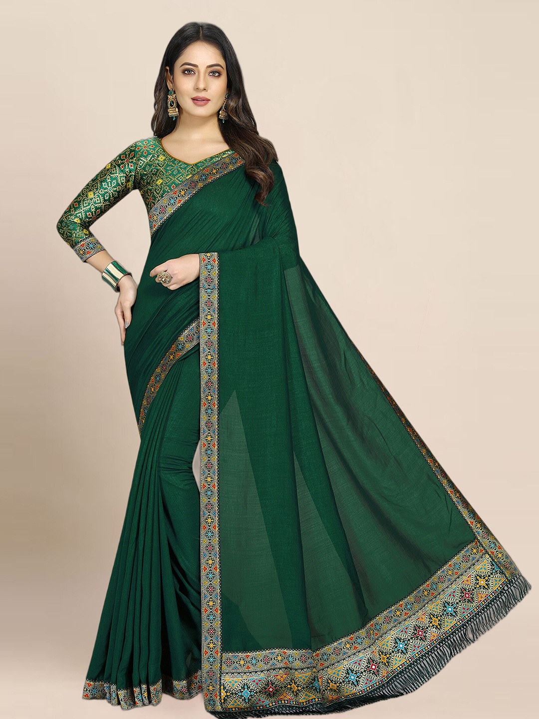 

KALINI Poly Georgette Khadi Saree With Woven Design Border, Green