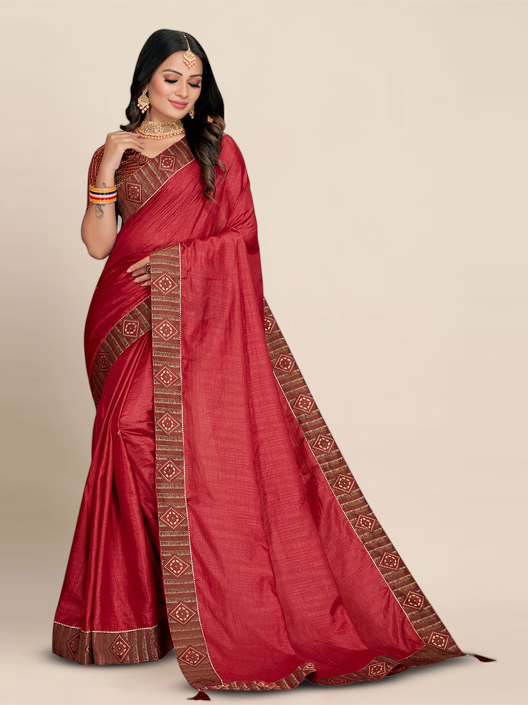 

KALINI Silk Blend Saree With Woven Design Border, Red