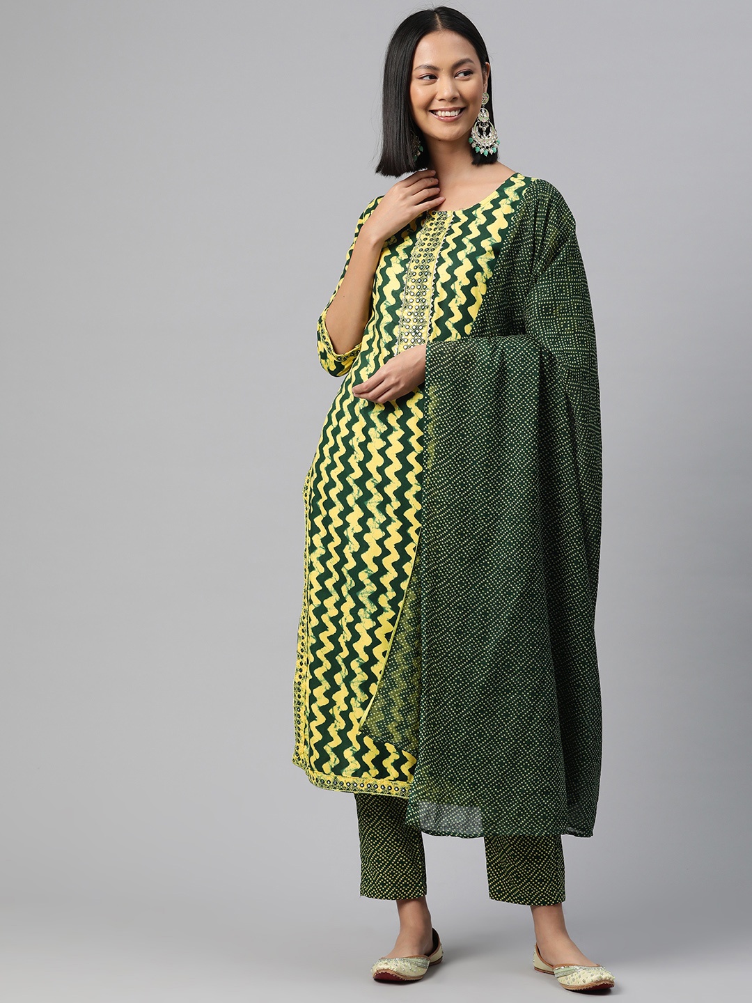 

Readiprint Abstract Printed Mirror Work Kurta with Trousers & Dupatta, Green