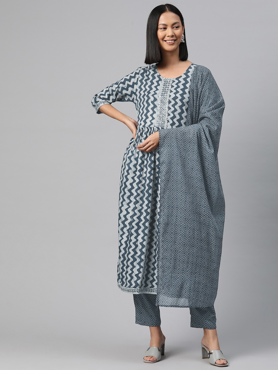 

Readiprint Abstract Printed Mirror Work Kurta with Trousers & Dupatta, Grey