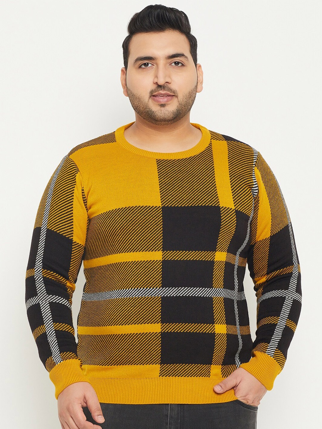 

Club York Plus Size Checked Acrylic Pullover Sweater, Mustard