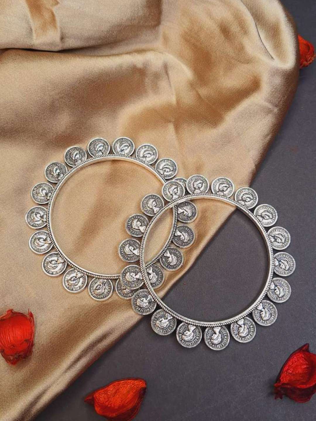 

Crunchy Fashion Set Of 2 Silver-Plated Oxidised Bangles