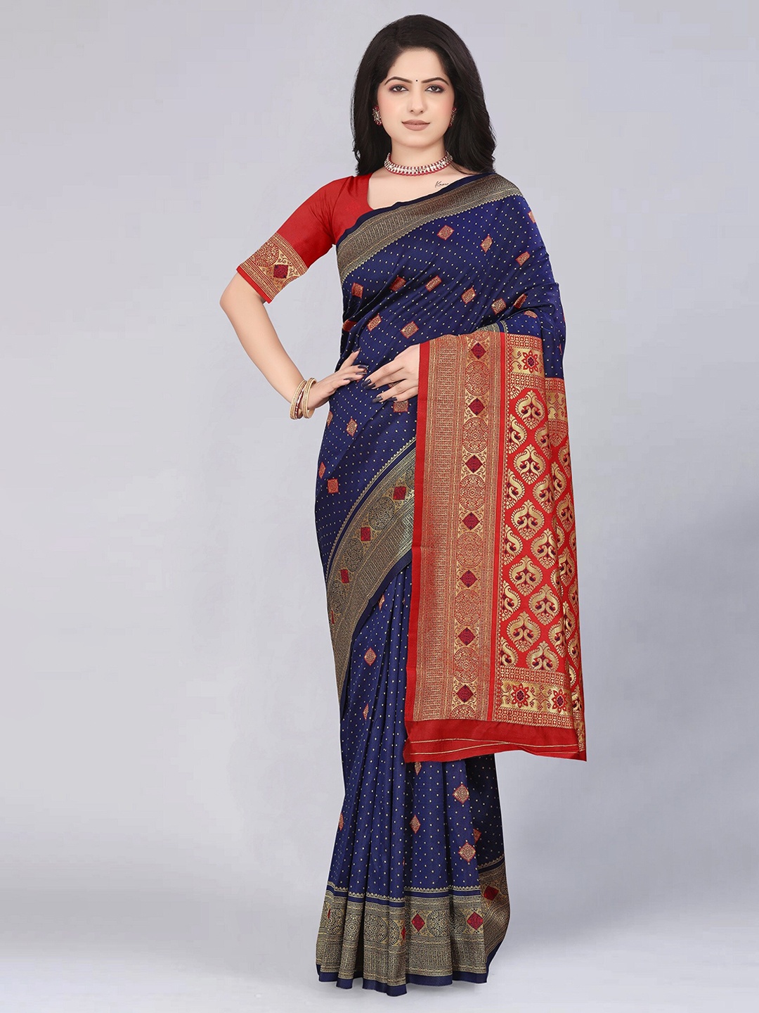 

MUKHITA Woven Design Silk Blend Designer Banarasi Saree, Navy blue