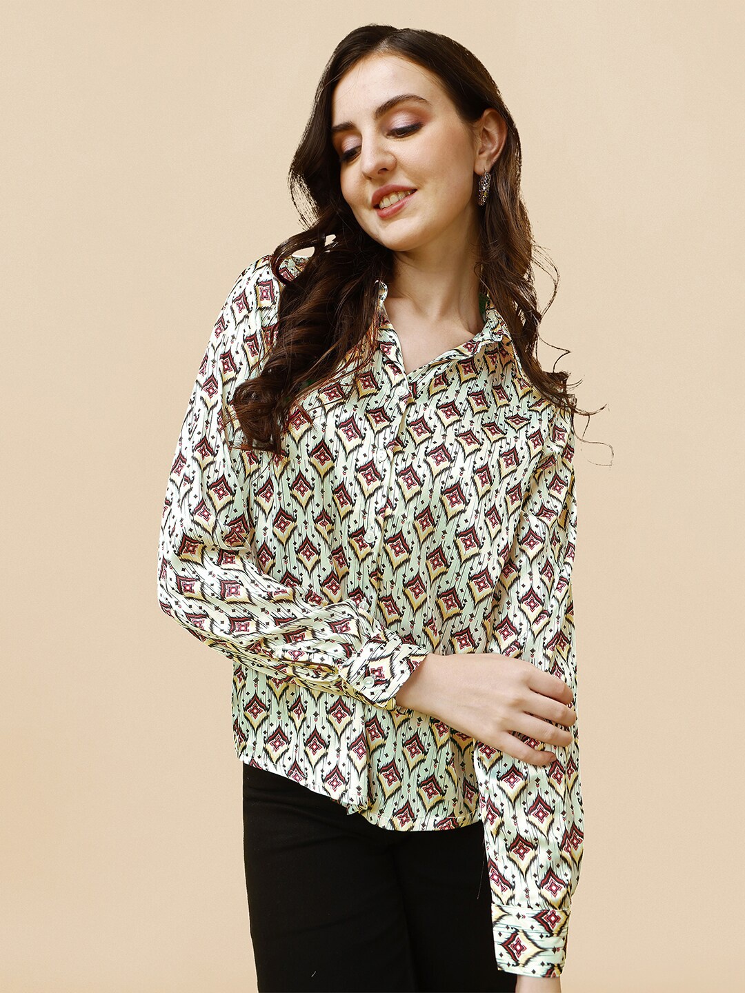 

MIRCHI FASHION Relaxed Ethnic Motifs Printed Satin Casual Shirt, Cream