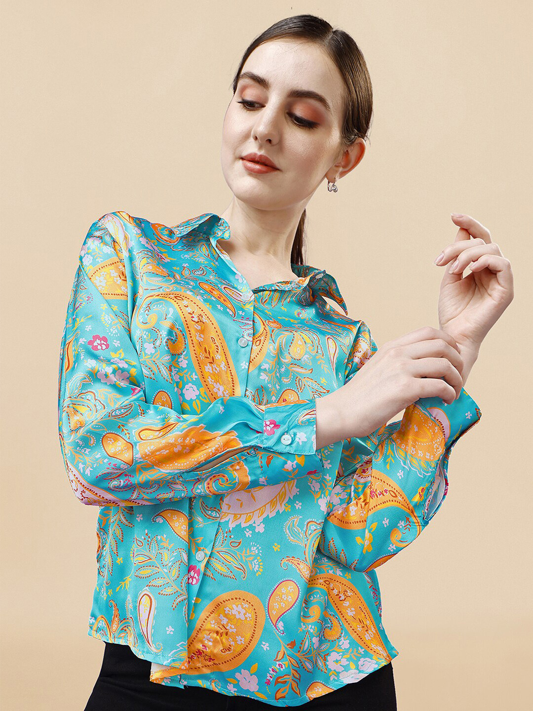 

MIRCHI FASHION Relaxed Floral Printed Satin Casual Shirt, Turquoise blue