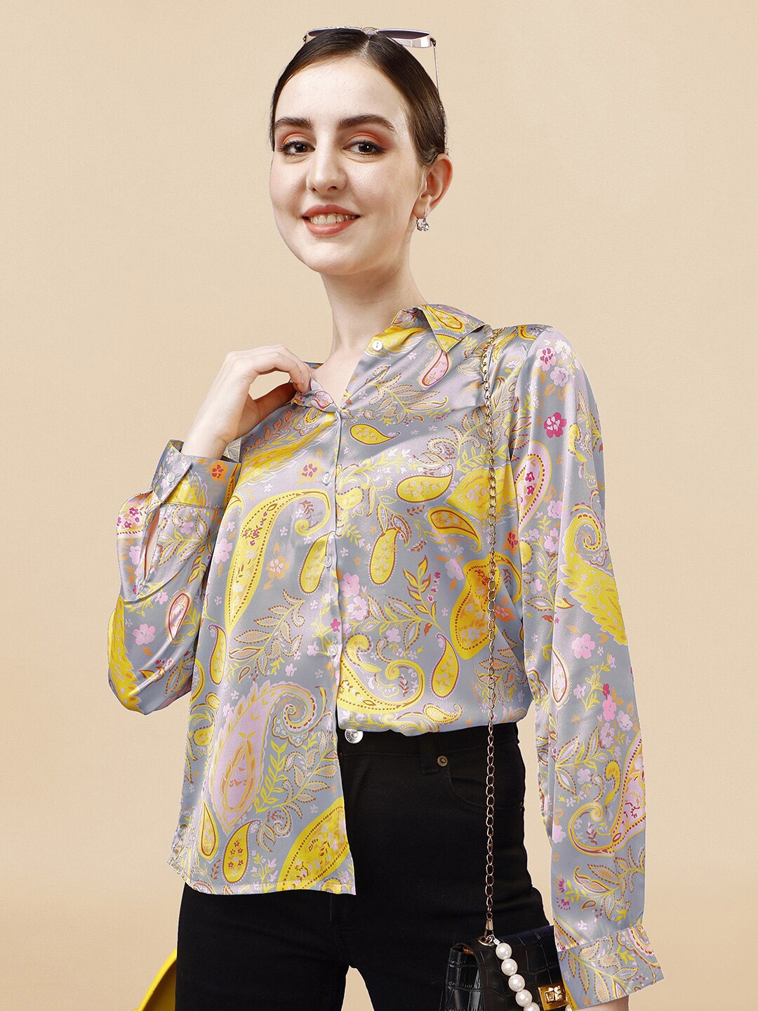 

MIRCHI FASHION Relaxed Floral Printed Satin Casual Shirt, Grey