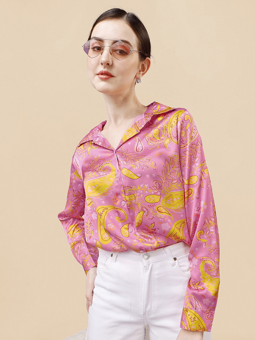 

MIRCHI FASHION Relaxed Floral Printed Satin Casual Shirt, Pink