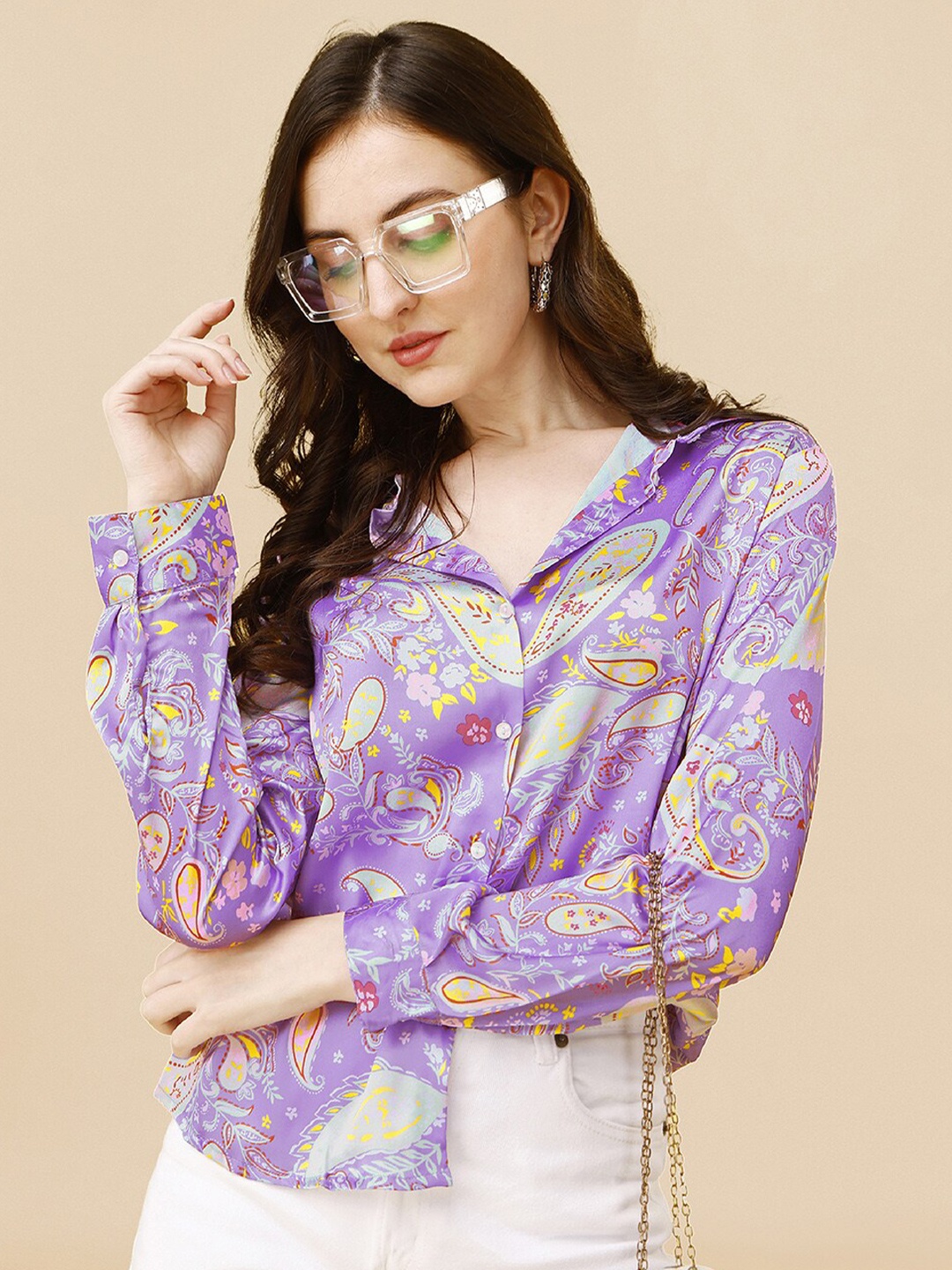 

MIRCHI FASHION Relaxed Floral Printed Satin Casual Shirt, Purple