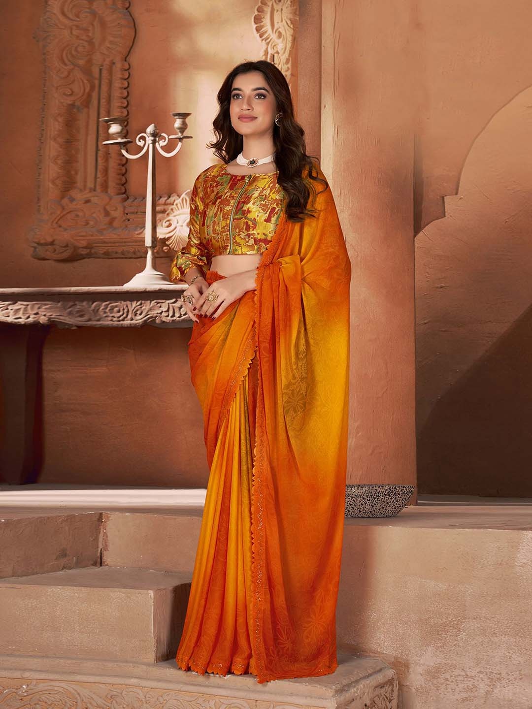 

Satrani Abstract Printed Saree, Yellow