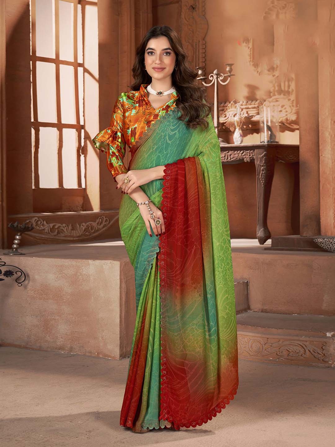 

Satrani Abstract Printed Saree, Green